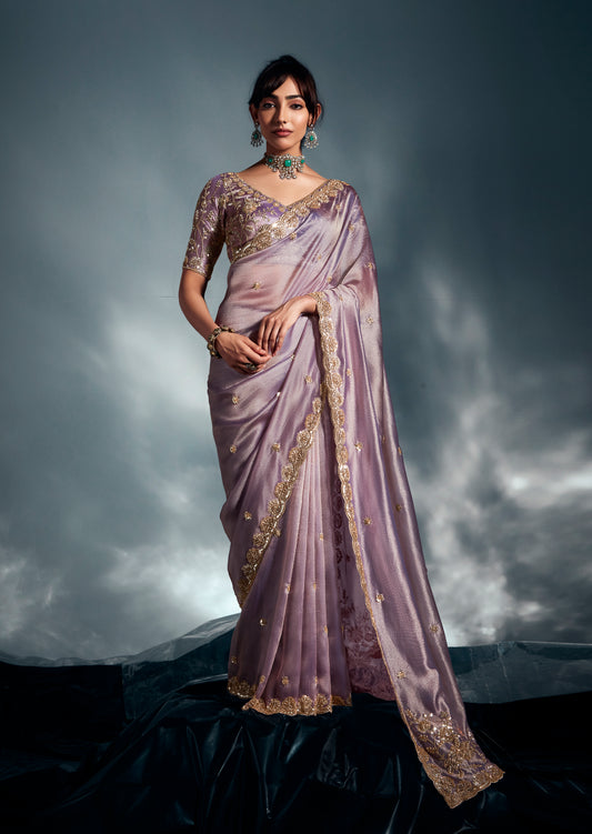 Lilac Tissue Organza Saree with Moti, Cutdana & Sequin Work