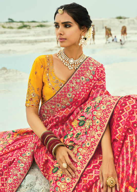 Rani Pink Embroidered Georgette Bandhej Designer Saree