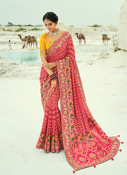 Rani Pink Embroidered Georgette Bandhej Designer Saree