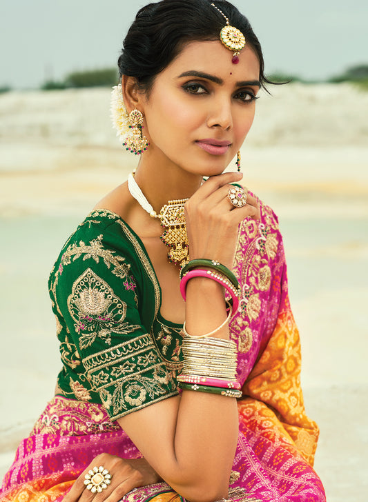 Mustard And Rani Pink Embroidered Georgette Bandhej Designer Saree