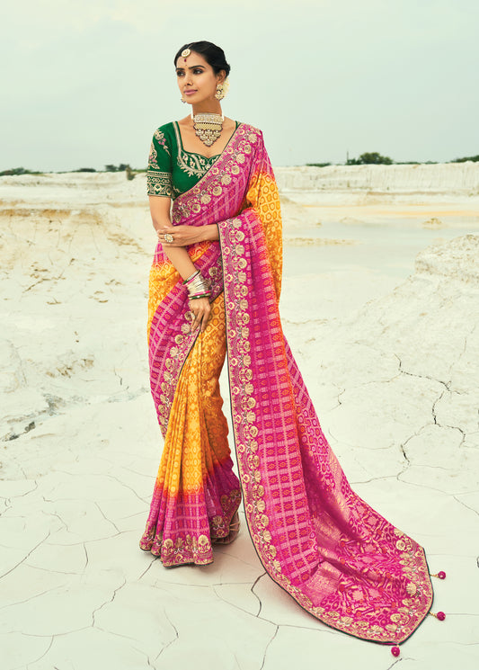 Mustard And Rani Pink Embroidered Georgette Bandhej Designer Saree
