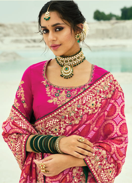 Rani Pink Embroidered Georgette Bandhej Designer Saree