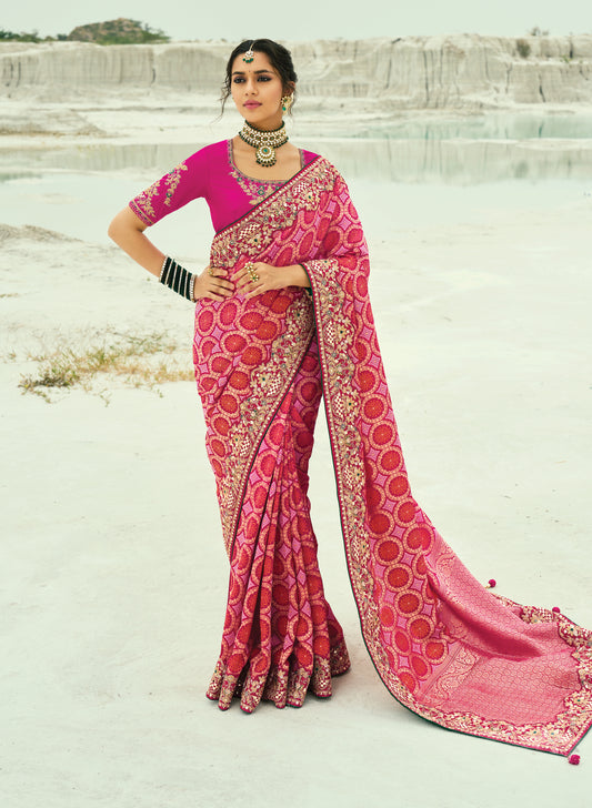 Rani Pink Embroidered Georgette Bandhej Designer Saree