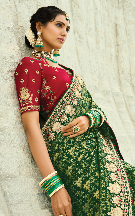 Green Embroidered Georgette Bandhej Designer Saree