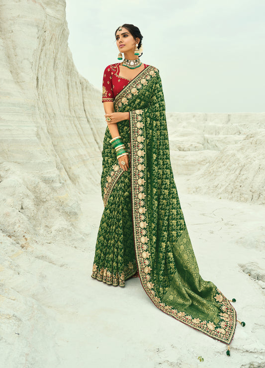 Green Embroidered Georgette Bandhej Designer Saree