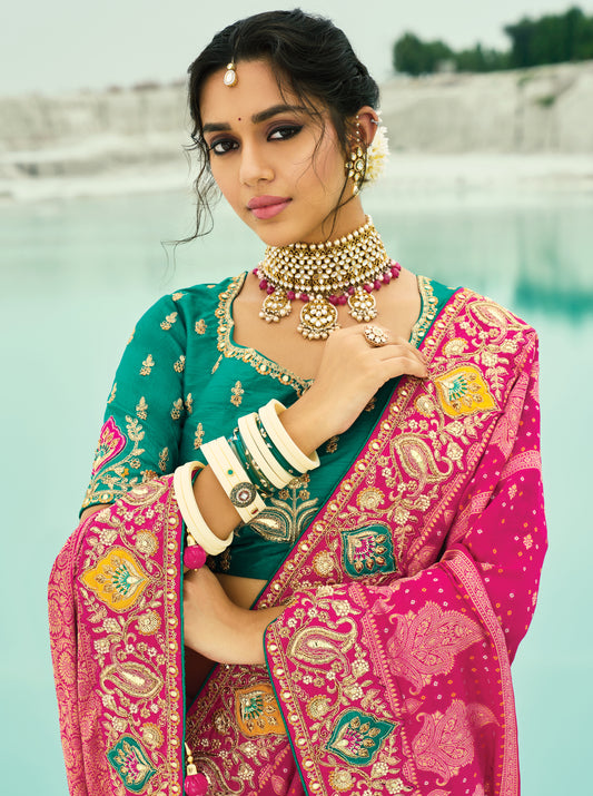 Rani Pink Embroidered Georgette Bandhej Designer Saree