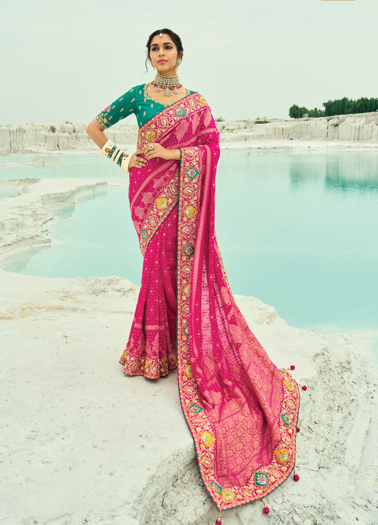 Rani Pink Embroidered Georgette Bandhej Designer Saree