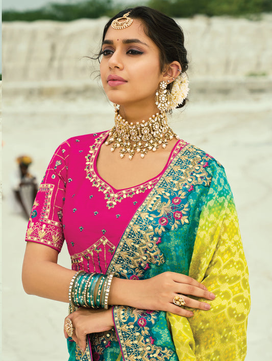 Multicolor Embroidered Georgette Bandhej Designer Saree