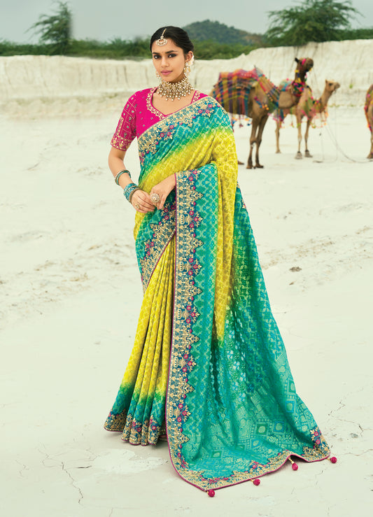 Multicolor Embroidered Georgette Bandhej Designer Saree