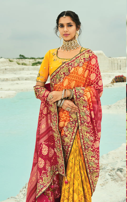 Multicolor Embroidered Georgette Bandhej Designer Saree
