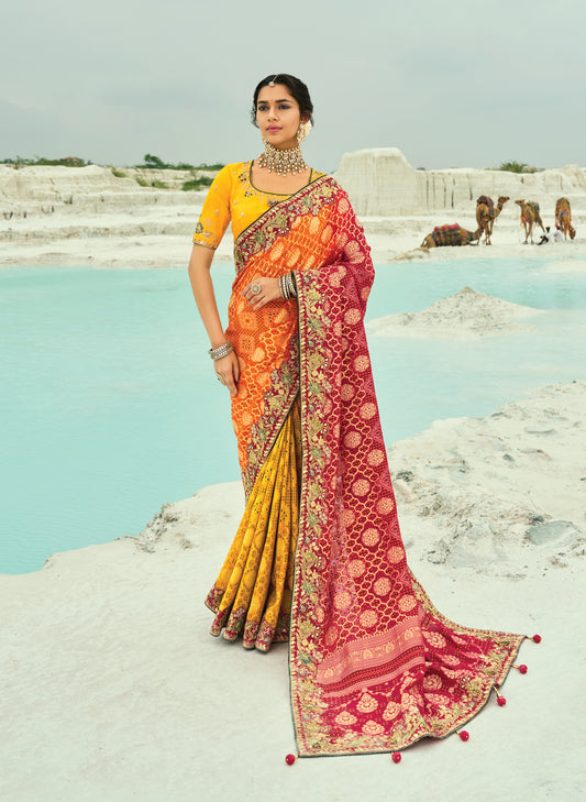 Multicolor Embroidered Georgette Bandhej Designer Saree