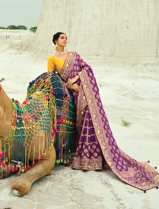 Purple Embroidered Georgette Bandhej Designer Saree