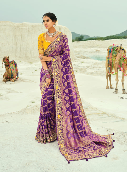 Purple Embroidered Georgette Bandhej Designer Saree