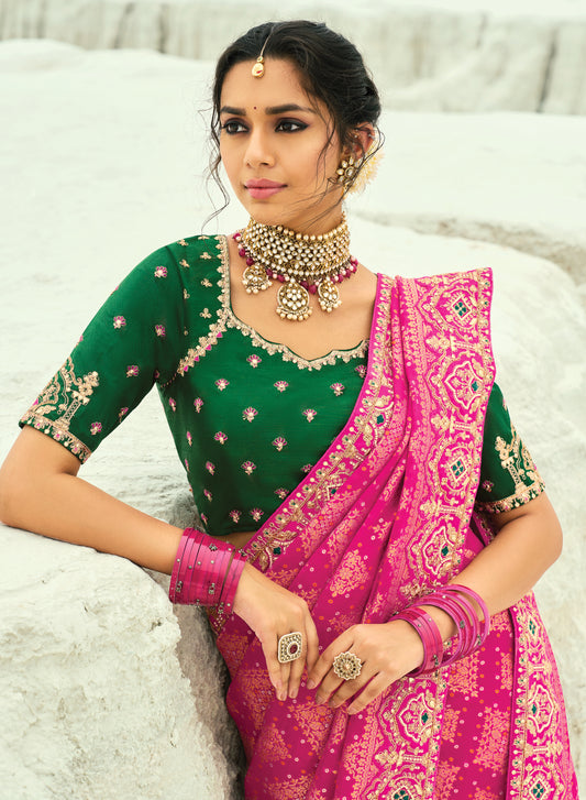 Rani Pink Embroidered Georgette Bandhej Designer Saree