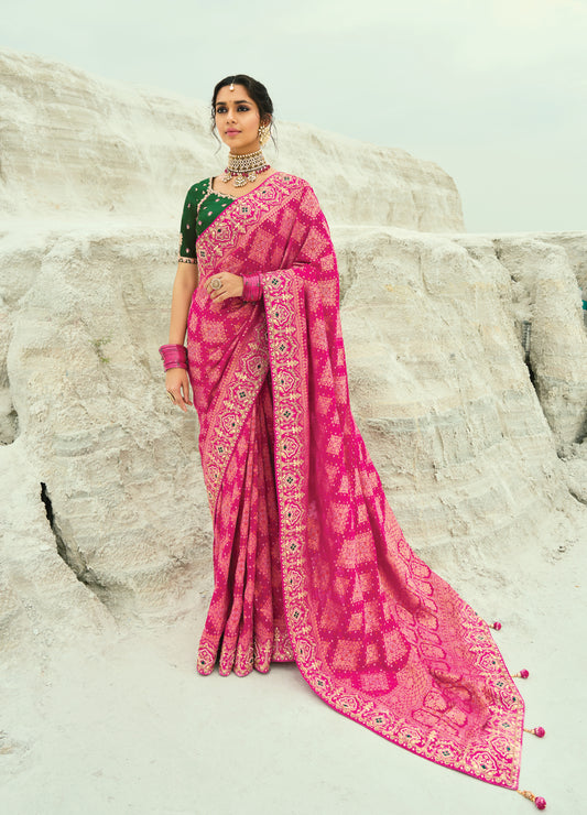 Rani Pink Embroidered Georgette Bandhej Designer Saree