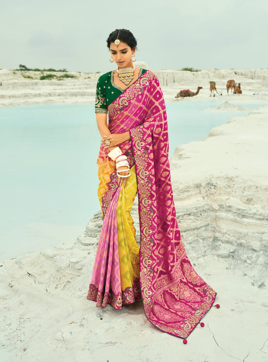 Multicolor Embroidered Georgette Bandhej Designer Saree