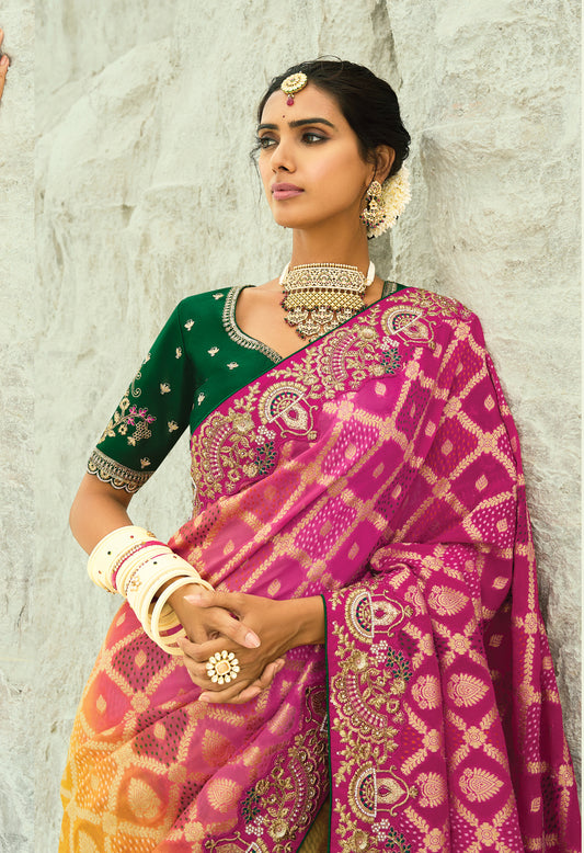 Multicolor Embroidered Georgette Bandhej Designer Saree
