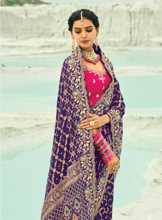 Violet Embroidered Georgette Bandhej Designer Saree