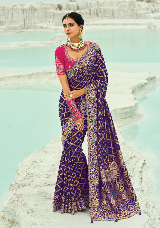 Violet Embroidered Georgette Bandhej Designer Saree