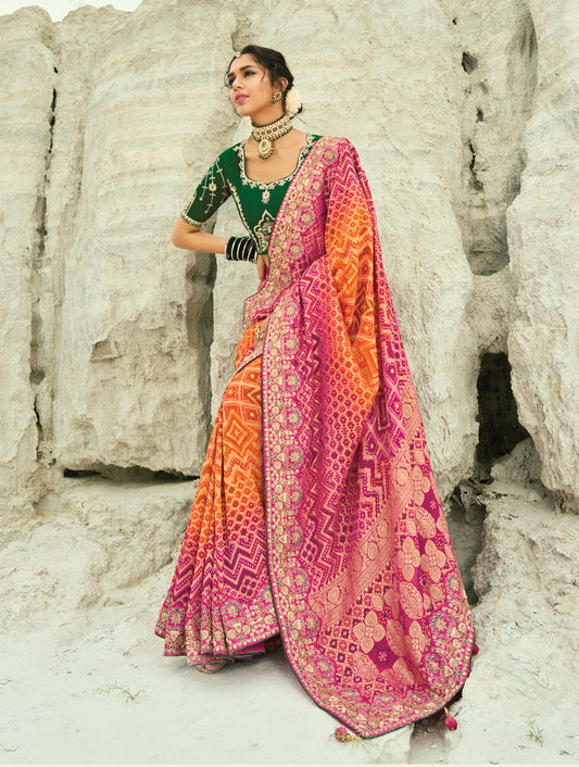 Multicolor Embroidered Georgette Bandhej Designer Saree