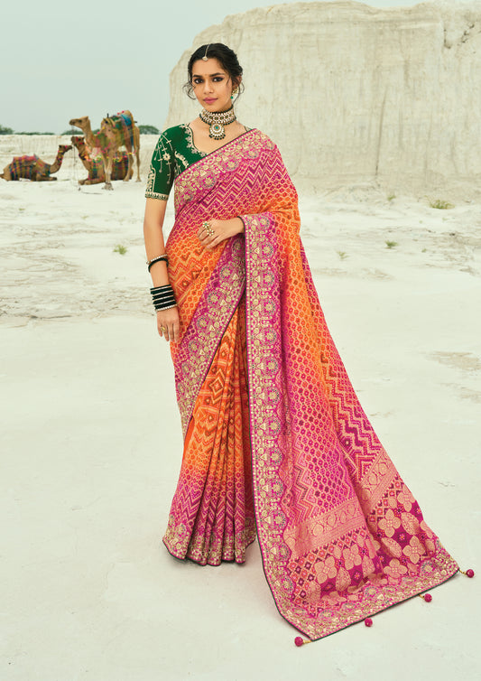 Multicolor Embroidered Georgette Bandhej Designer Saree