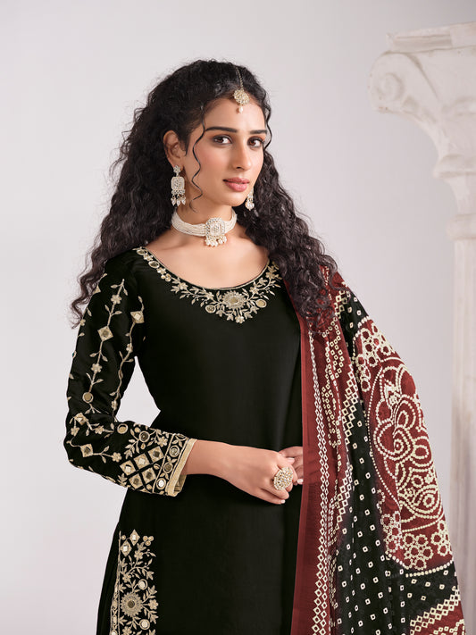Embroidered Chanderi Silk Black Mirror Work Salwar Kameez