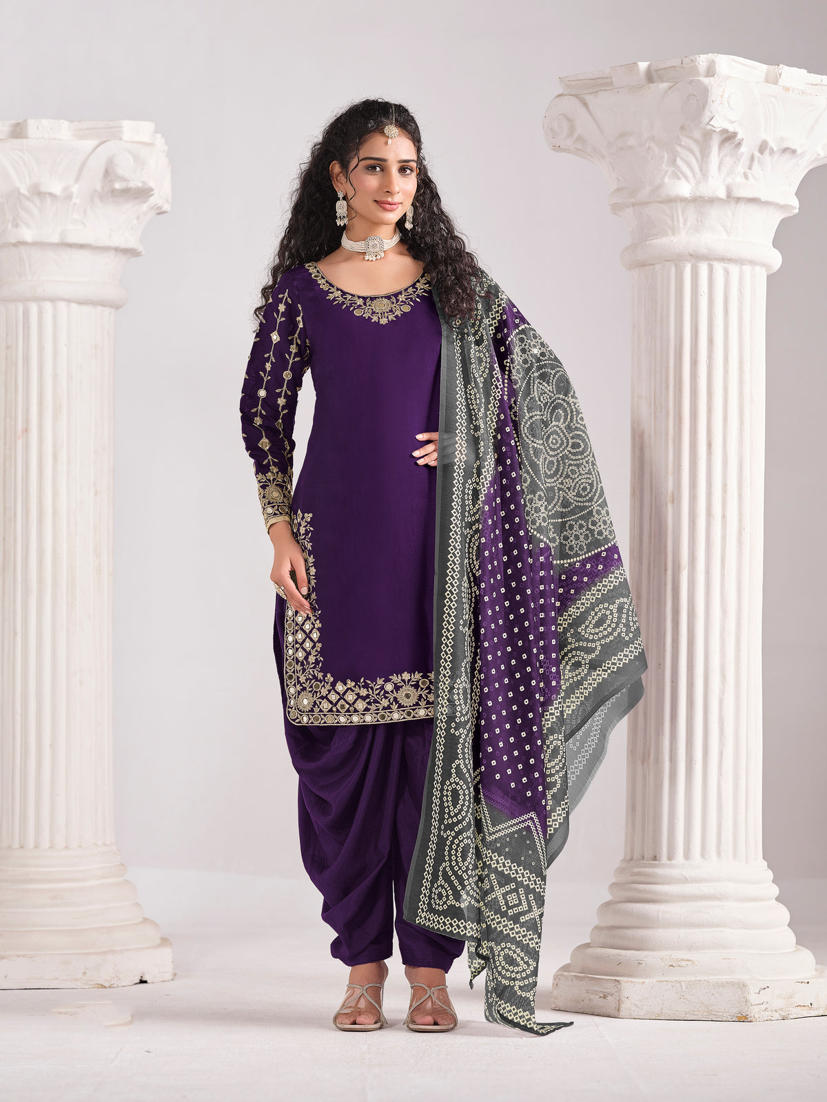 Embroidered Chanderi Silk Purple Mirror Work Salwar Kameez