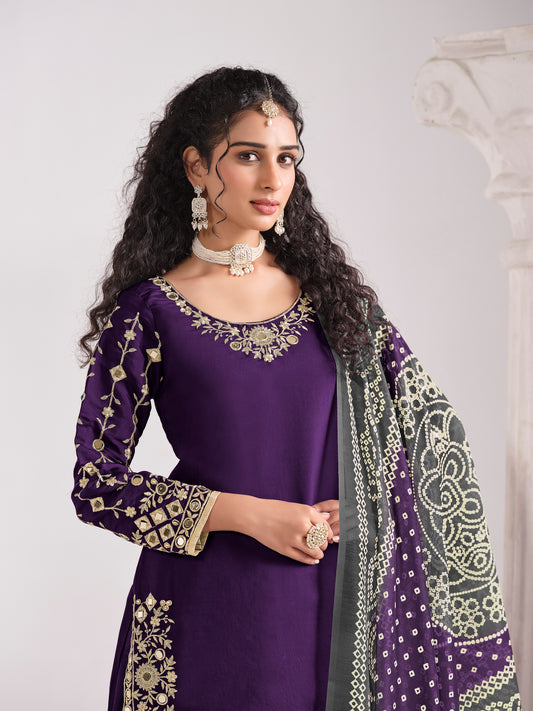 Embroidered Chanderi Silk Purple Mirror Work Salwar Kameez