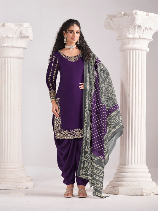 Embroidered Chanderi Silk Purple Mirror Work Salwar Kameez