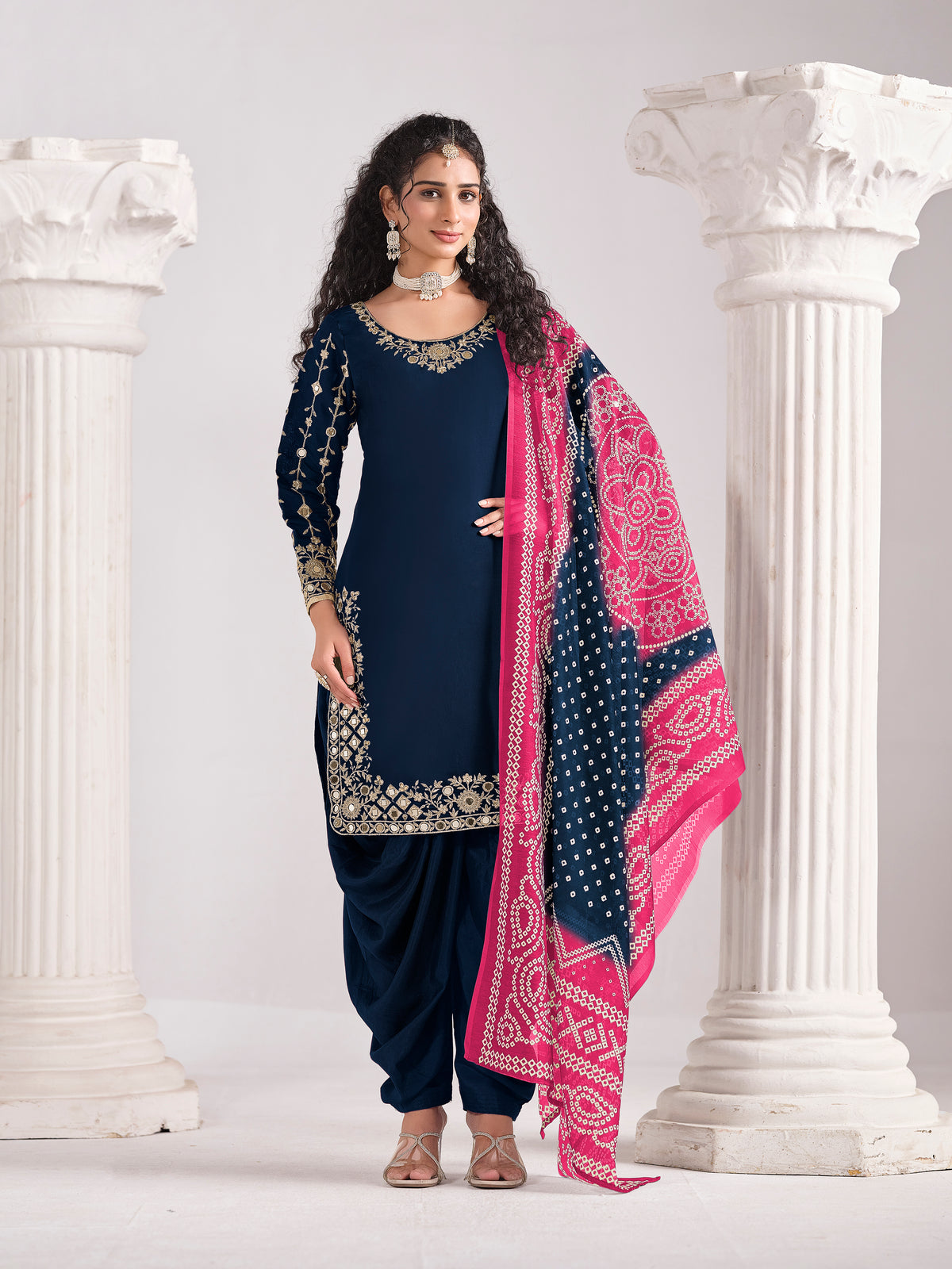 Embroidered Chanderi Silk Navy Blue Mirror Work Salwar Kameez