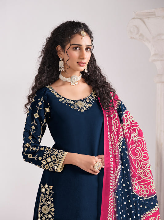 Embroidered Chanderi Silk Navy Blue Mirror Work Salwar Kameez