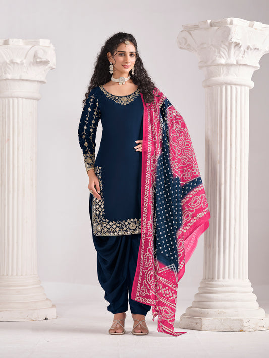Embroidered Chanderi Silk Navy Blue Mirror Work Salwar Kameez