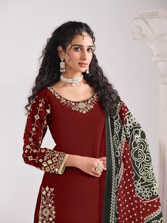 Embroidered Chanderi Silk Maroon Mirror Work Salwar Kameez