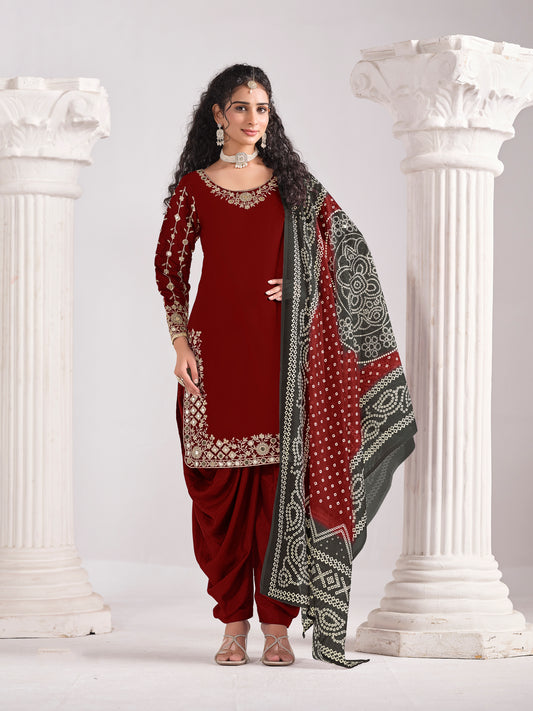 Embroidered Chanderi Silk Maroon Mirror Work Salwar Kameez
