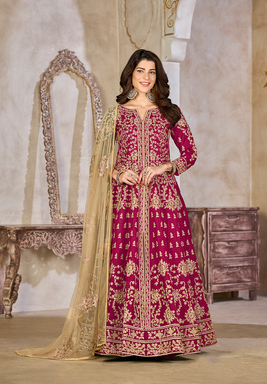 Rani Pink Color Art Silk Embroidered Anarkali Salwar Kameez