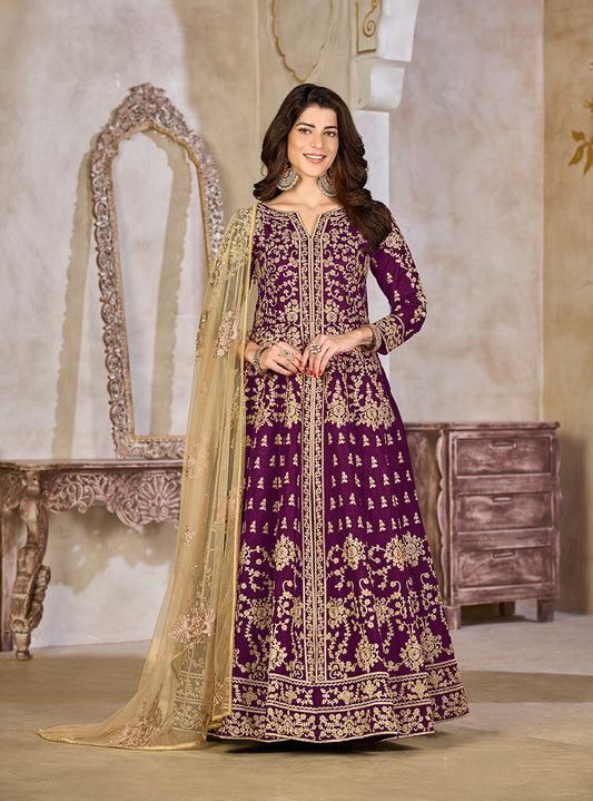 Purple Color Art Silk Embroidered Anarkali Salwar Kameez