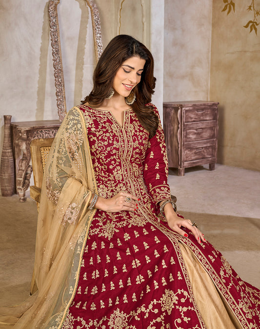 Maroon Color Art Silk Embroidered Anarkali Salwar Kameez