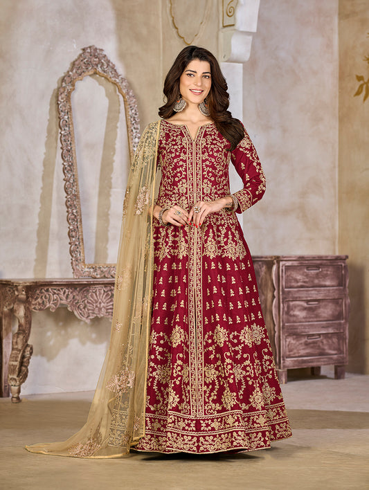 Maroon Color Art Silk Embroidered Anarkali Salwar Kameez