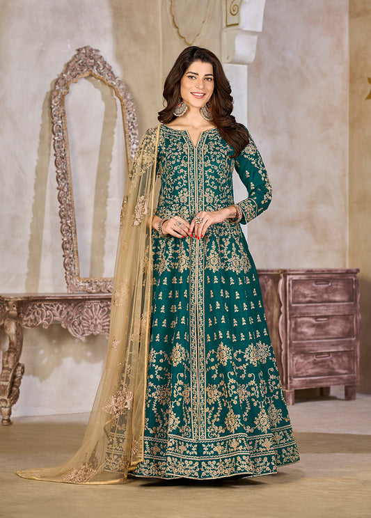 Teal Color Art Silk Embroidered Anarkali Salwar Kameez