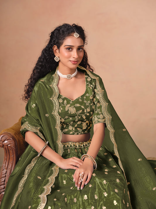 Organza Embroidered Olive Green Designer Long Lehenga Choli