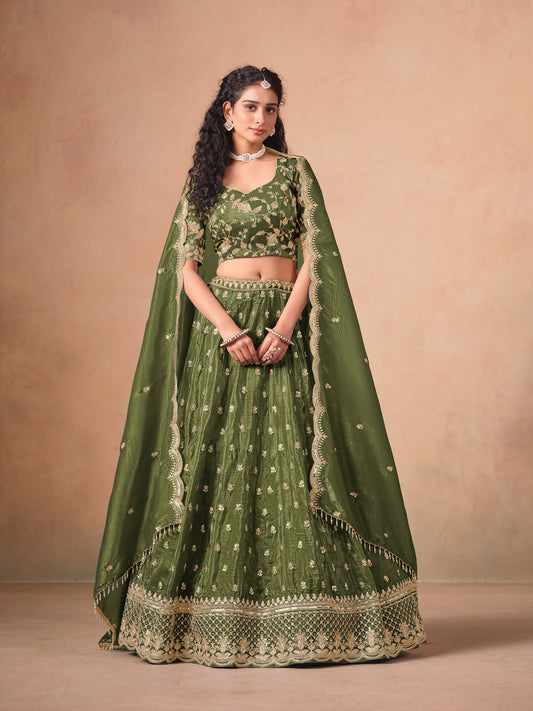 Organza Embroidered Olive Green Designer Long Lehenga Choli