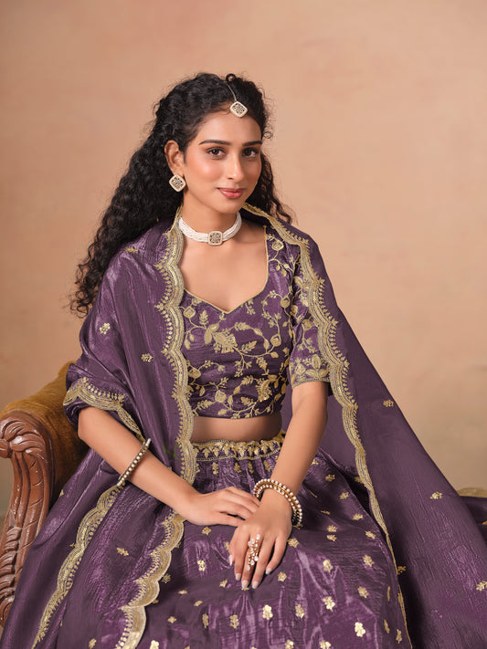 Organza Embroidered Purple Designer Long Lehenga Choli