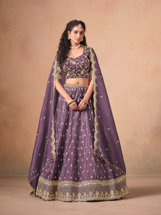 Organza Embroidered Purple Designer Long Lehenga Choli