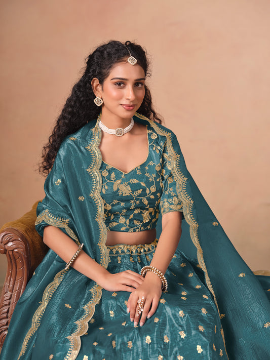 Organza Embroidered Teal blue Designer Long Lehenga Choli