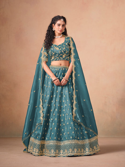 Organza Embroidered Teal blue Designer Long Lehenga Choli