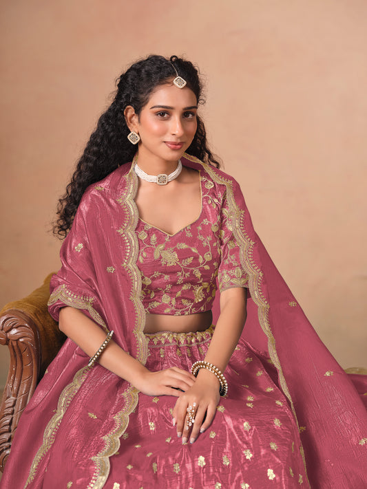 Organza Embroidered Pink Designer Long Lehenga Choli