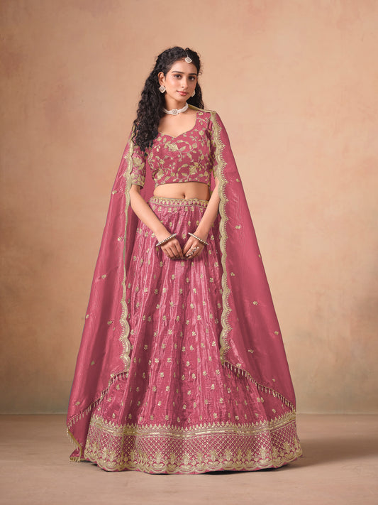 Organza Embroidered Pink Designer Long Lehenga Choli
