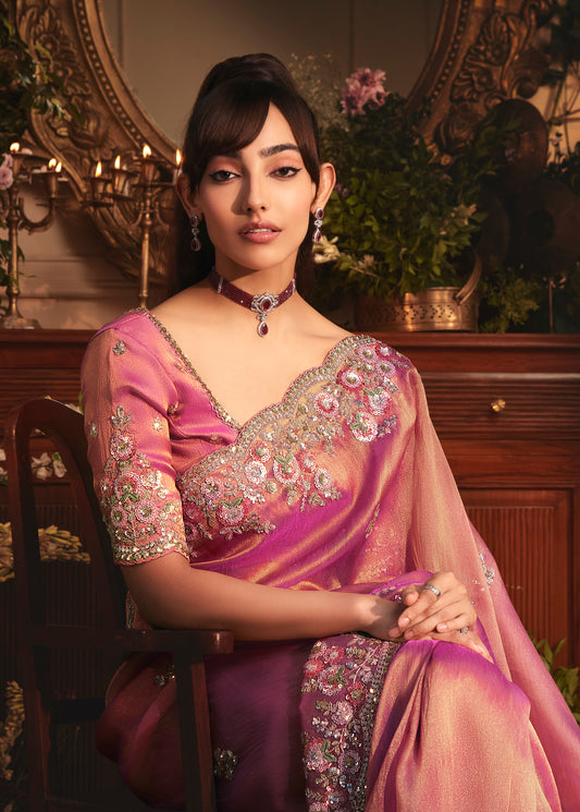 Designer Pink Tissue Organza Saree with All Over Butta Work & Heavy Stone Work
