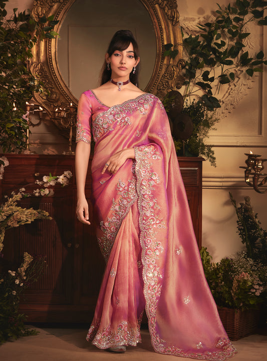 Designer Pink Tissue Organza Saree with All Over Butta Work & Heavy Stone Work