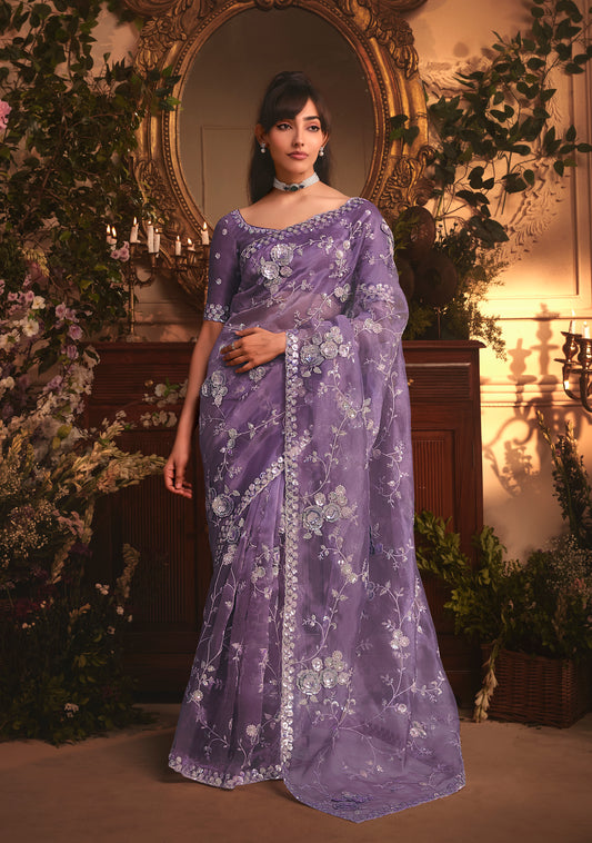Designer Purple Tissue Organza Saree with All Over Butta Work & Heavy Stone Work